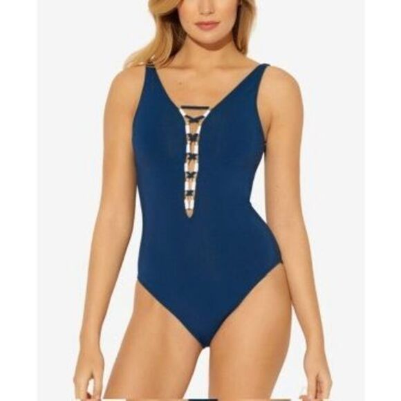 Bleu Women's Navy Stretch Lace-up Front and Back Deep V Neck Moderate Coverage O - Picture 1 of 3